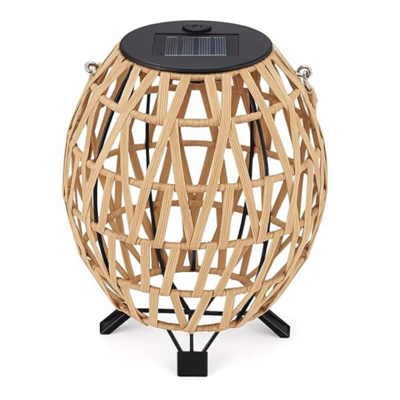 Aria Home Solar Wicker Lantern Outdoor with Rattan Weave and LED Light - Beige