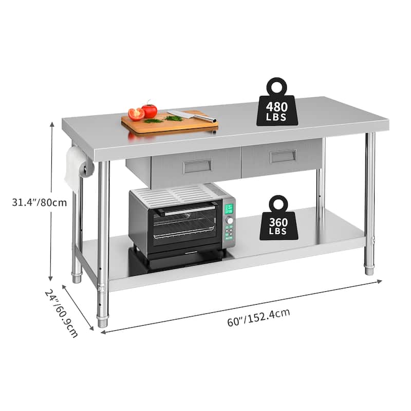 60"×24" Stainless Steel Table with Two Drawers - Silver