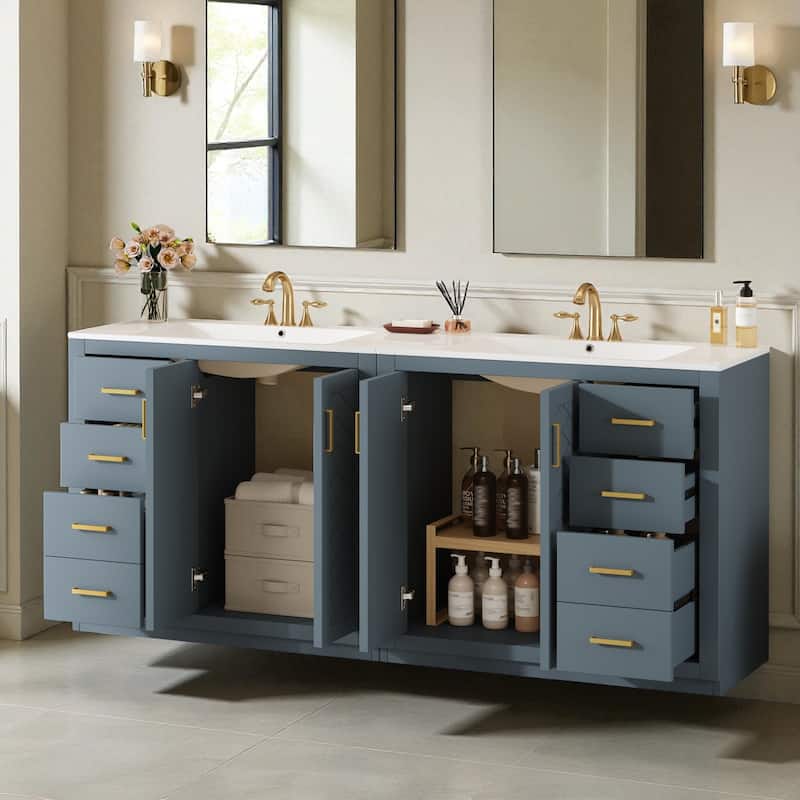 72" Solid Wood Bathroom Vanity with Dual Ceramic Sinks, Freestanding Double Sink Cabinet with Drawers and Soft-Closing Doors