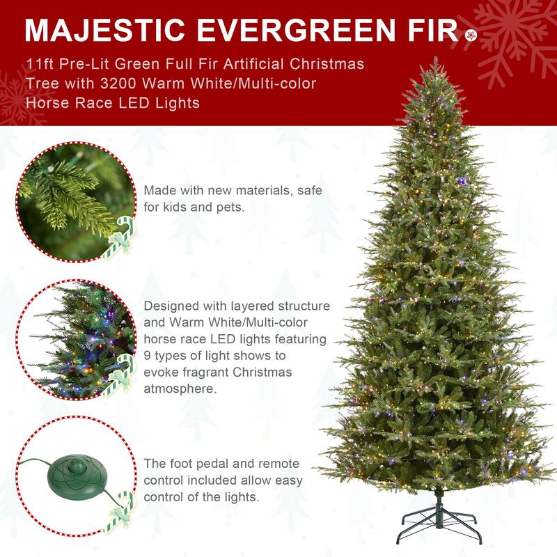 Glitzhome 7.5ft/9ft/11ft Pre-Lit Green Full Fir Artificial Christmas Tree with 1800/2450/3200 LEDs Simple Setup