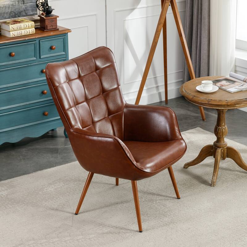 Vintage Wingback Chair Tufted Button PU Leather Accent Chair