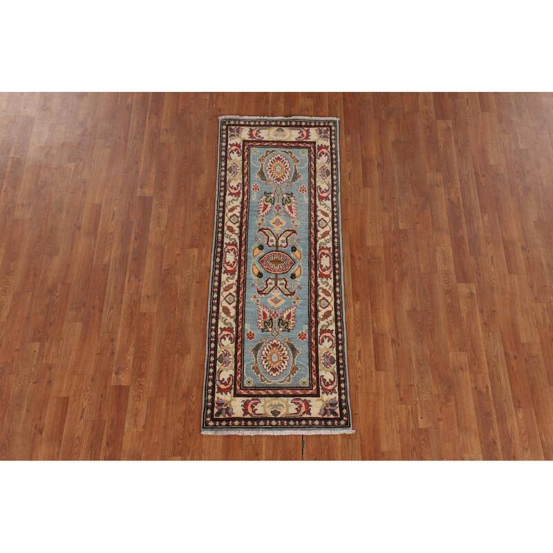 Light Blue Kazak Oriental Runner Rug Hallway Handmade Wool Carpet - 2'1" x 5'7"