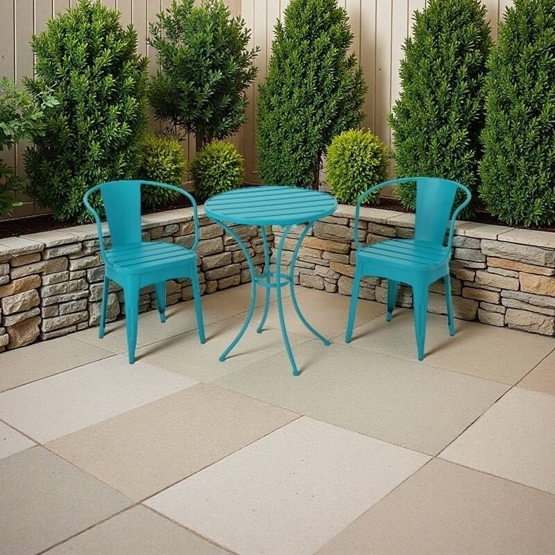 Modern 3-Piece Powder-Coated Iron Bistro Set with Round Slatted Table and Stackable Armchairs for Compact Outdoor Spaces - Teal