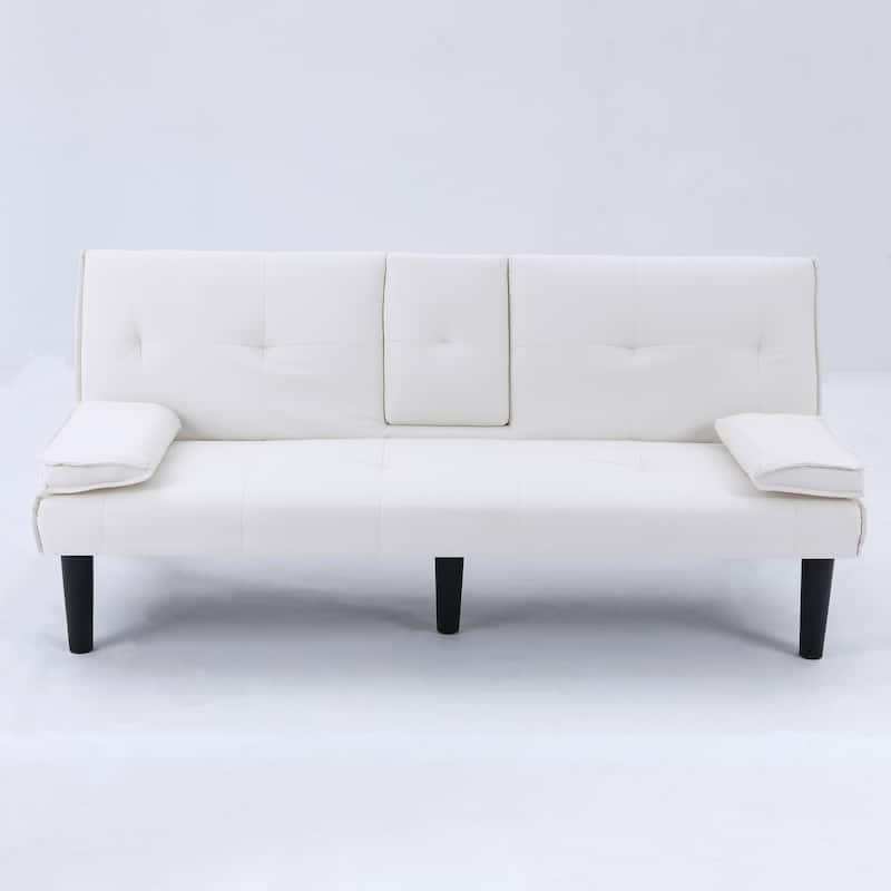 Convertible Loveseat Couch Adjustable Faux Leather Sleeper Sofa Bed with Coffee Table, Cup Holders and Removable Pillow Armrests