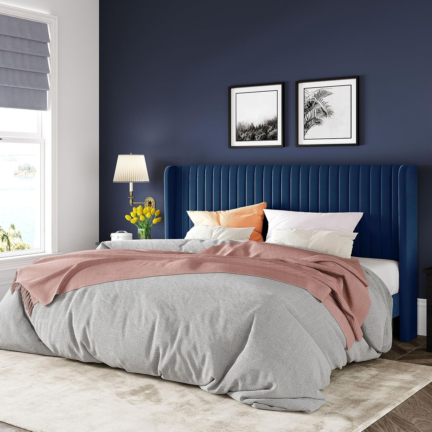 King Size Velvet Bed Frame with Tufted Wingback Headboard, Sturdy Wooden Slats, No Box Spring Needed, Easy Assembly - Blue