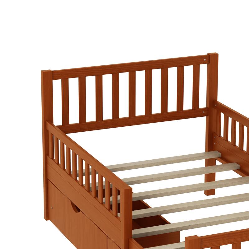 Wooden Platform Bed Underbed Storage Bed with Sides Guardrails Spindle Headboard and 2 Drawers 8.98 inch Storage Underneath