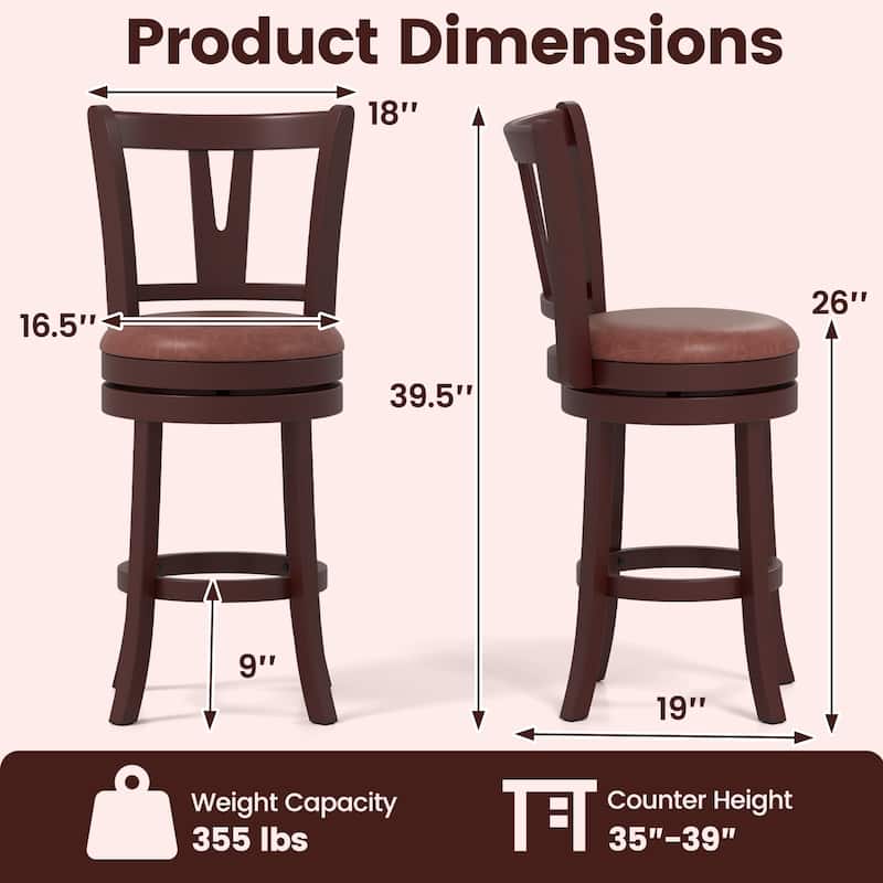 Cappuccino Swivel Bar Stools with Faux Leather Seat Wooden Frame for Kitchen Island Dining Room Pub