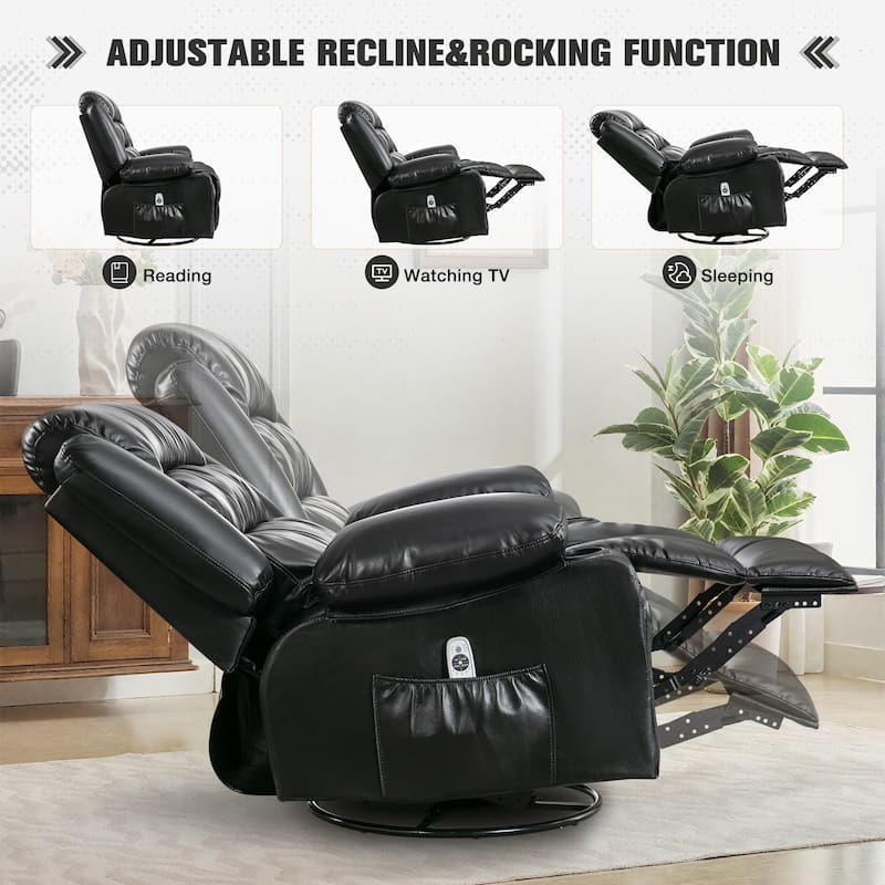 Recliner Chair with Massage & Heat, PU Leather Swivel Recliner, Electric Recliner with Side Pocket 2 Cup Holders & USB Port