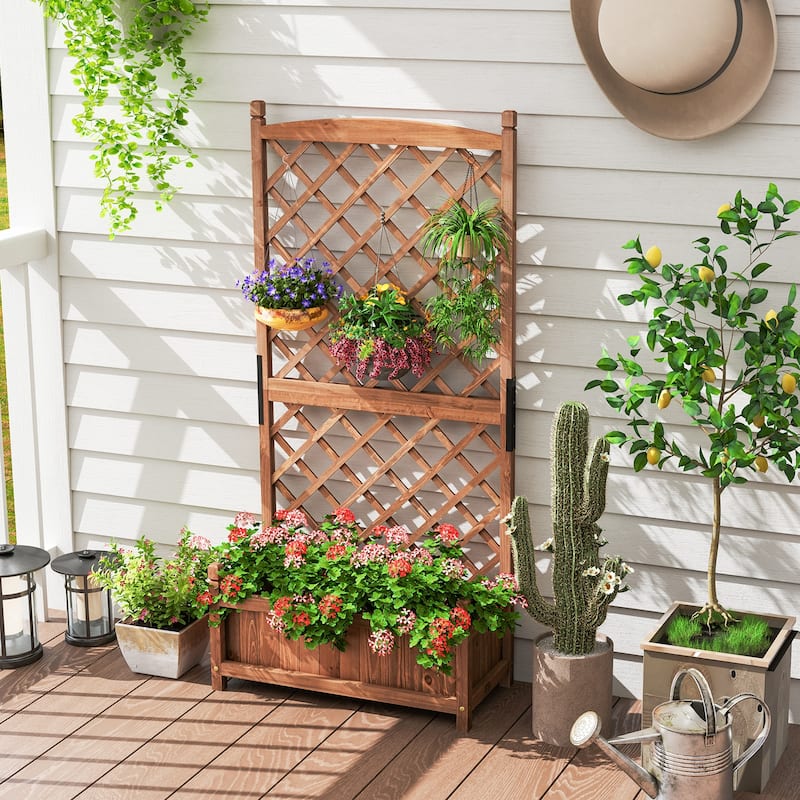 Gymax 60'' Tall Raised Garden Bed w/ Diamond Lattice Trellis Drainage