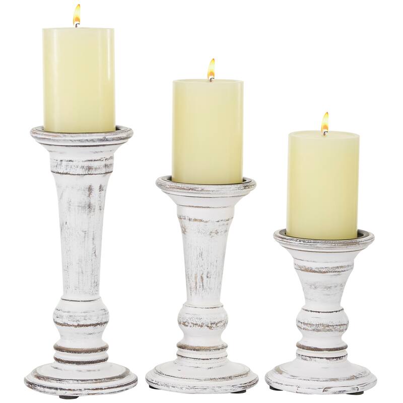 Wood Candle Holder - Set of 3 White - Roche River Decor - 4"W x 4"L x 10"H