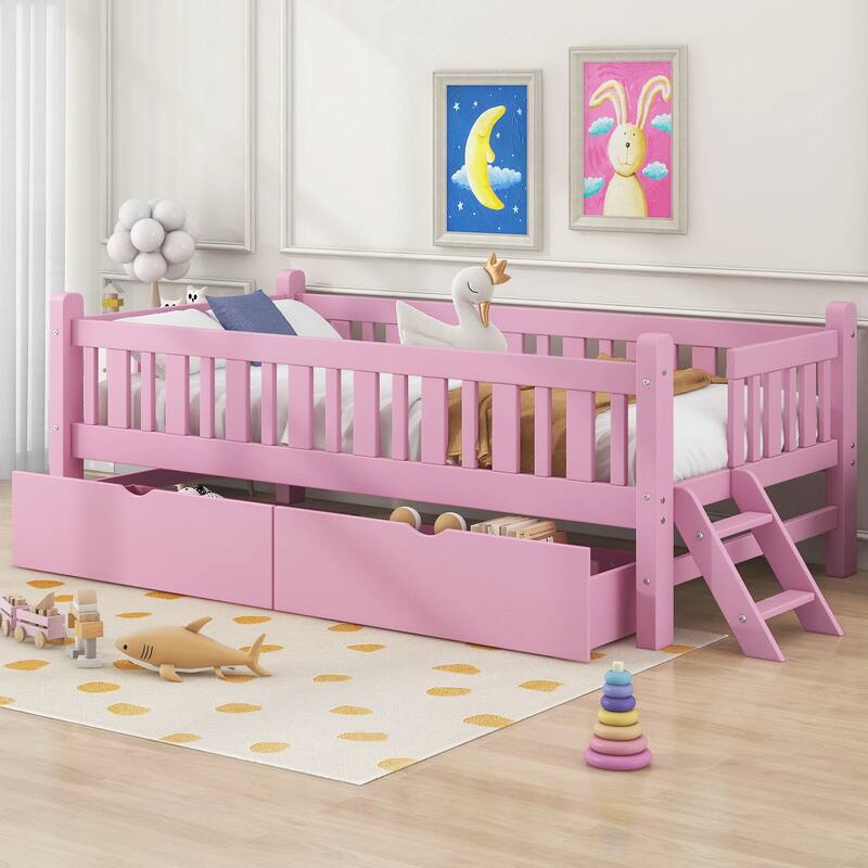 Wood Twin Size Platform Bed with Guardrail and 2 Drawers