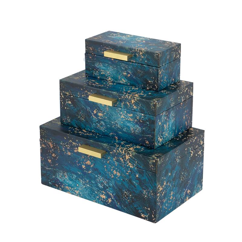 Abstract Rectangular Boxes with Handle - 12.25" - Blue and Gold - Set of 3