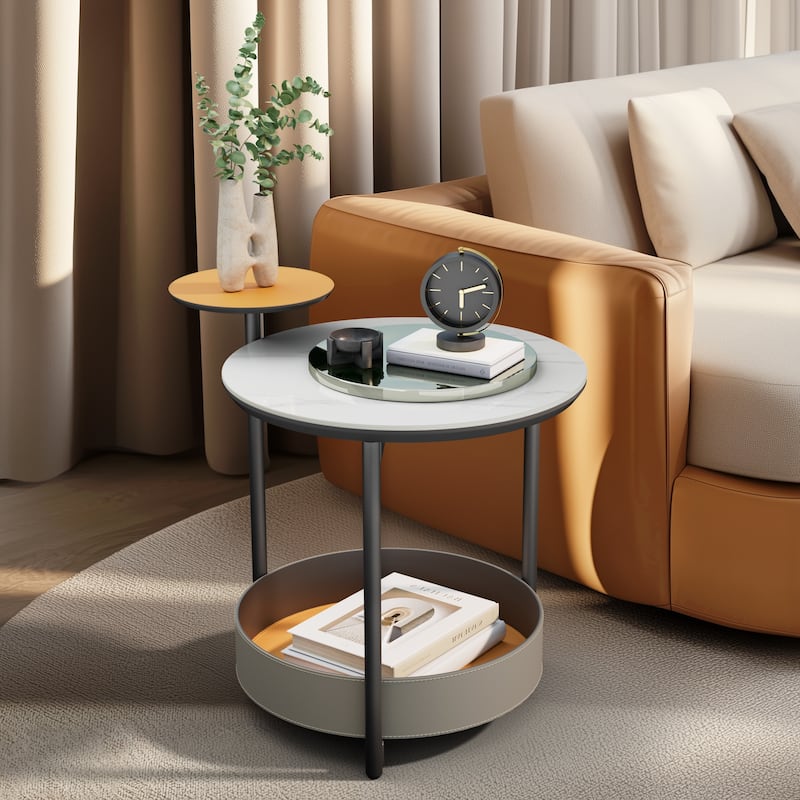Unique Round Side End Table with 3-Tiers,Sintered Stone-top,Microfiber Saddle Leather Shelves,Accent Bedside Table for Room