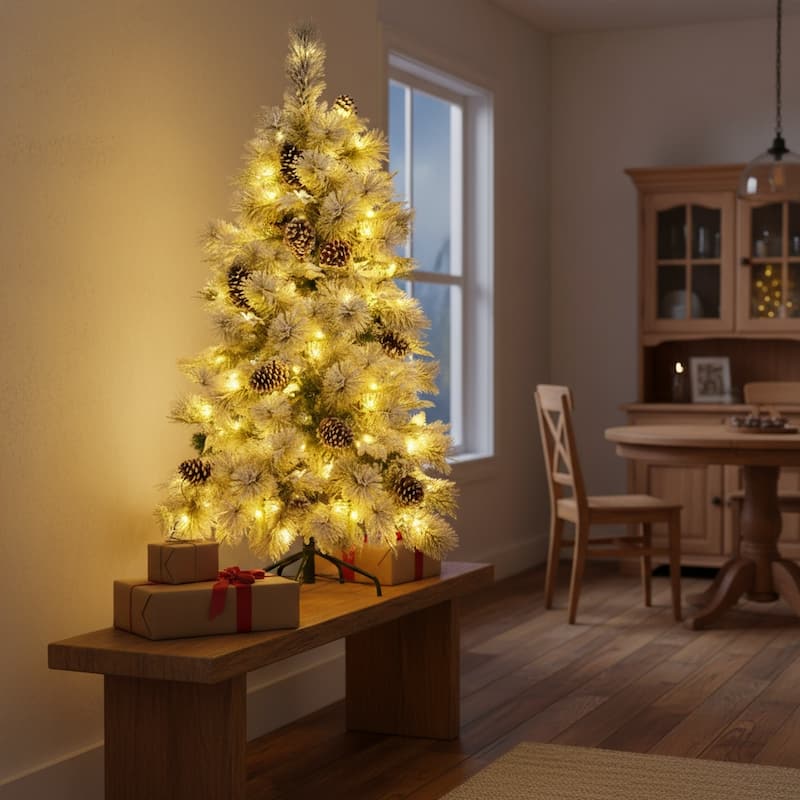 HomeRoots 4' Pre Lit Extra Full Frosted Pine Christmas Tree With Decorations - Green/White - 31.50 in. x 48.00 in. x 31.50 in. - Green/White - 4 Foot