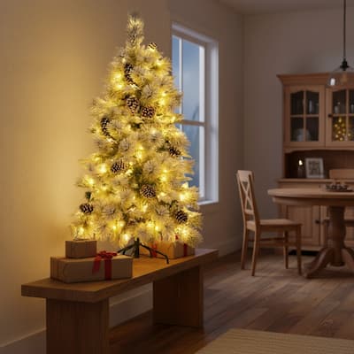 HomeRoots 4' Pre Lit Extra Full Frosted Pine Christmas Tree With Decorations - Green/White - 31.50 in. x 48.00 in. x 31.50 in.