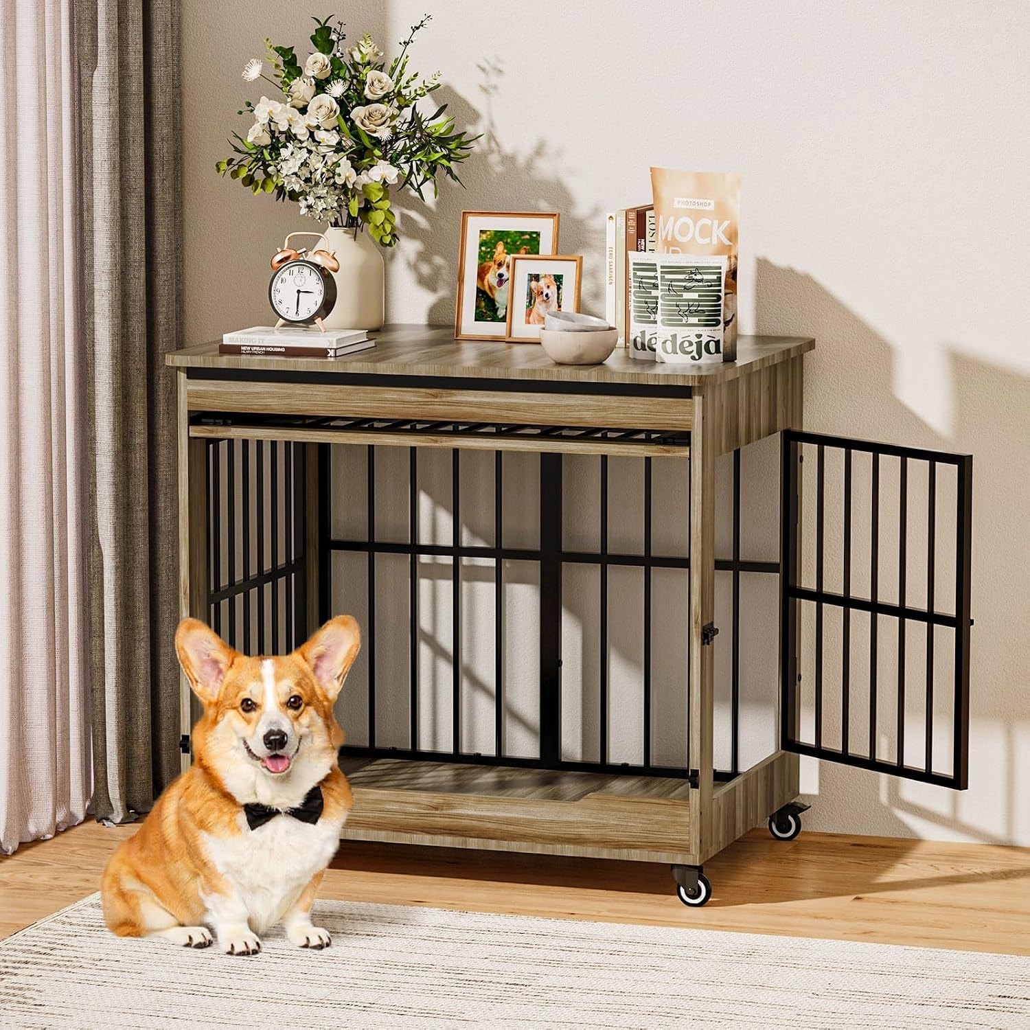 Dog Crate Furniture, Double Door Wooden Indoor Dog Kennel Furniture, Decorative Pet Cage End Table with Wheels