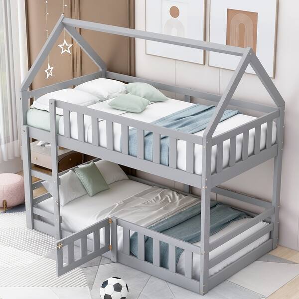 slide 2 of 28, Twin over Twin Solid Pine House Bunk Kids Bed Frame with Fence and Door, Grey