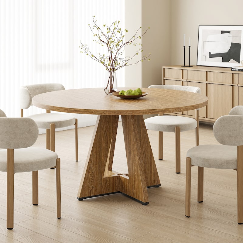 47" Round Dining Table for 4 People, Wood Kitchen Table with Sturdy Metal Base, Large Meeting Table Office Table - Walnut