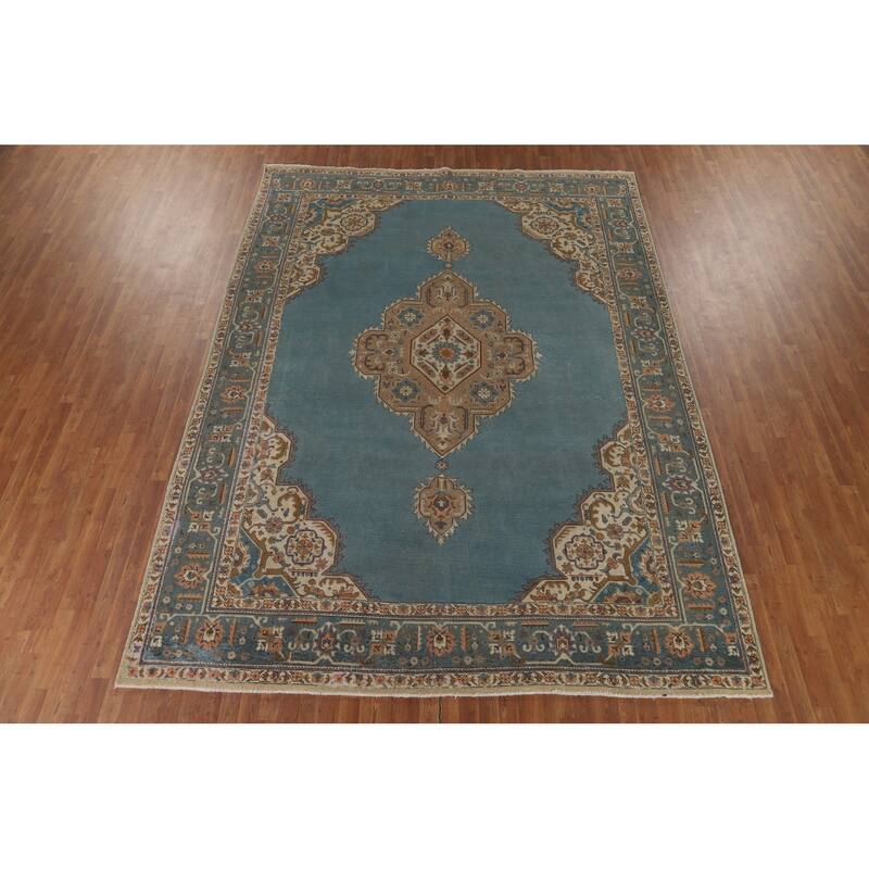 Blue Tabriz Vintage Persian Area Rug Hand-Knotted Wool Carpet - 9'4" x 12'7"