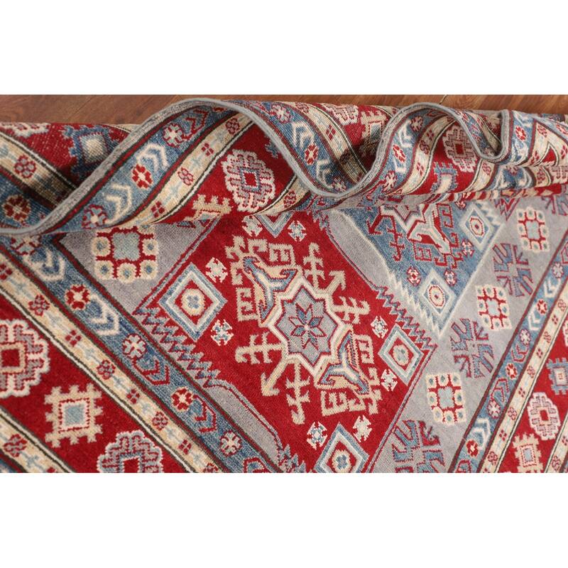 Kazak Oriental Area Rug Hand-Knotted Traditional Grey Wool Carpet - 5'0" x 6'7"