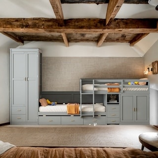 Grey Twin Size Wooden Platform Bed with Cabinet, Wardrobe and Desk for 3