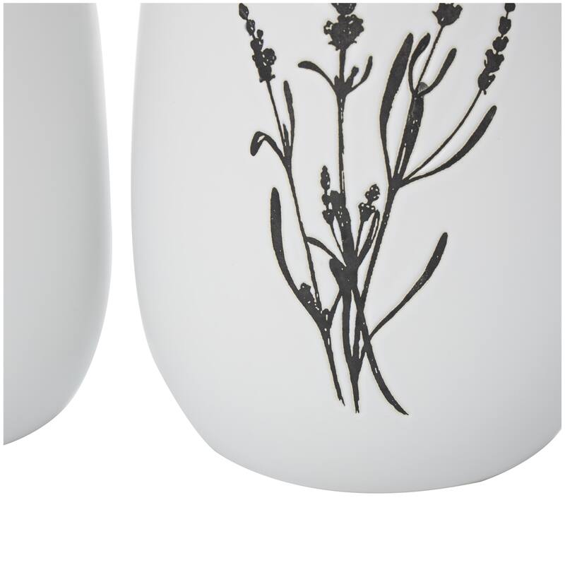Ceramic Decorative Vase with Black Lavender Prints - Set of 3 White - Roche River Decor