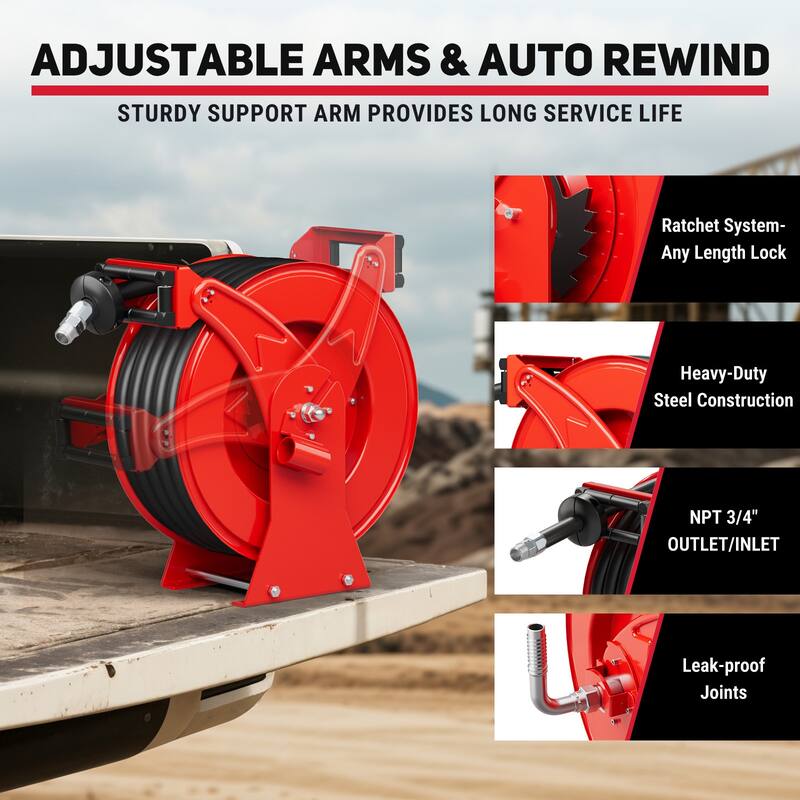 3/4" x 50ft Fuel Diesel Hose Reel Retractable with Fuel Nozzle, Auto Rewind Spring Driven