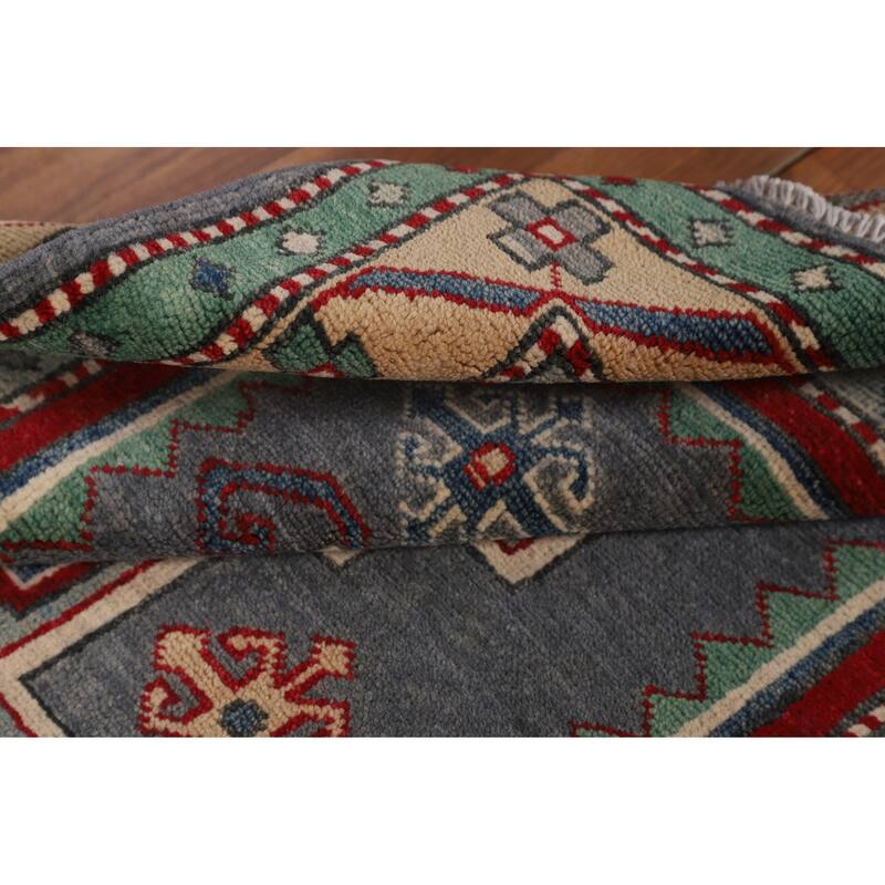 Gray Geometric Kazak Foyer Rug Hand-Knotted Traditional Wool Carpet - 3'4" x 4'9"