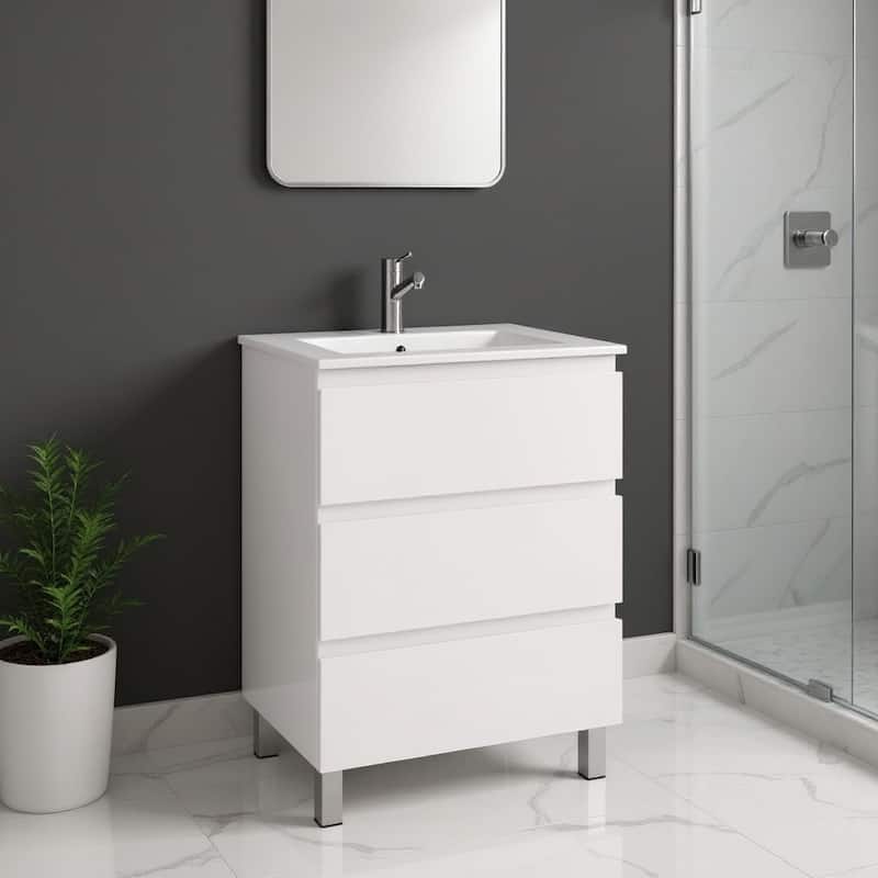 HomeRoots 24" White Wood Freestanding Bathroom Vanity With White Sink And Three Drawers - 24.00 in. x 39.06 in. x 18.10 in. - 24.00 in. x 39.06 in.  x 18.10 in. - Polished - White