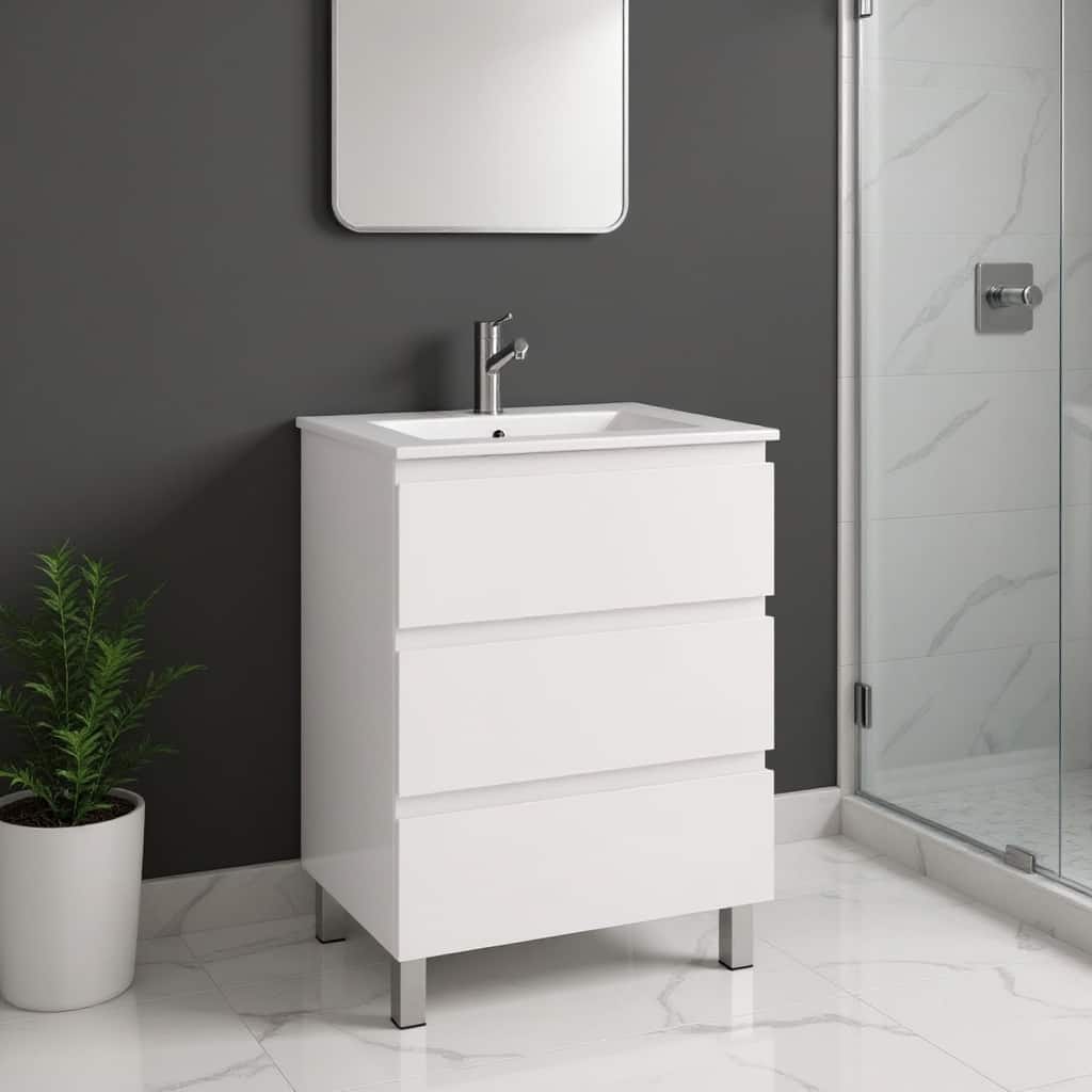HomeRoots 24" White Wood Freestanding Bathroom Vanity With White Sink And Three Drawers - 24.00 in. x 39.06 in. x 18.10 in.