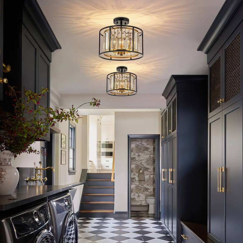 3-Light Crystal Black and Brass Drum Semi-flush Ceiling Light - 14.0in