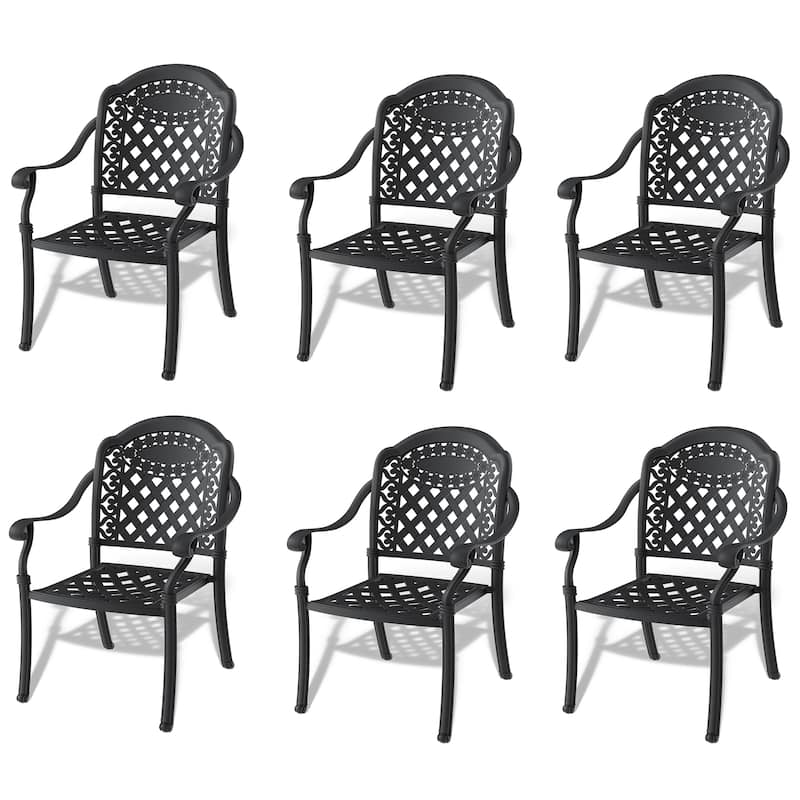 Black Stackable Cast Aluminum Patio Outdoor Dining Chairs With Seat Cushions - Black(Set of 6)