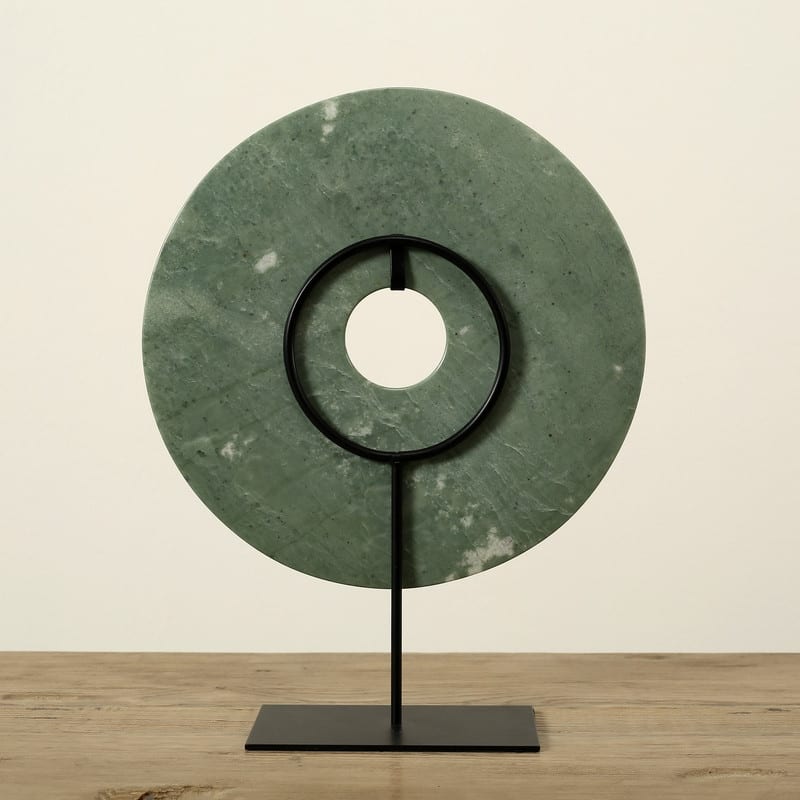 Artissance Medium Green Jade Disk Statue Decor With Base, 16 Inch Tall