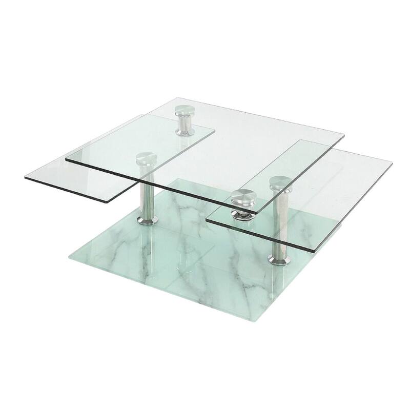 HomeRoots 32" Clear and White Faux Marble Glass and Metal Coffee Table With Three Shelves - 31.50 in. x 17.00 in. x 32.00 in.