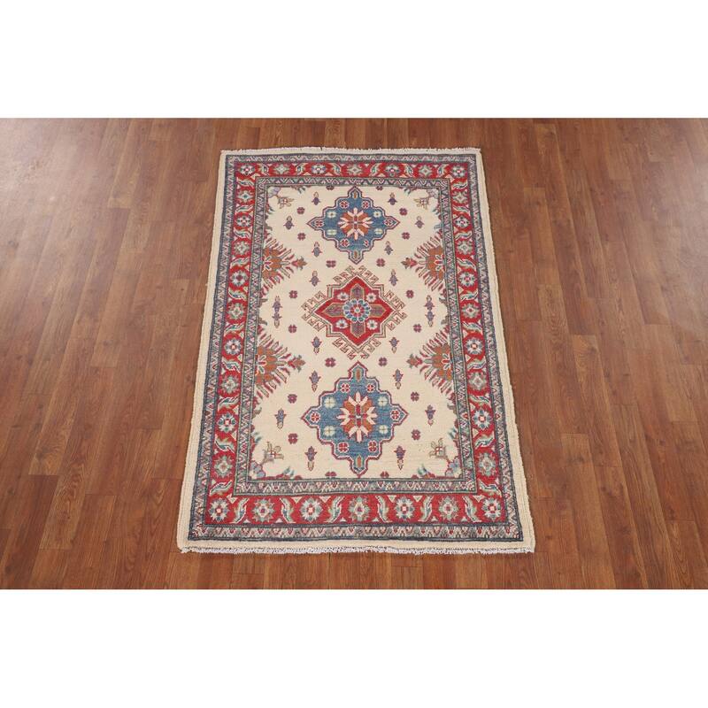Beige / Ivory Geometric Kazak Oriental Accent Rug Handmade Wool Carpet - 3'2" x 5'0"