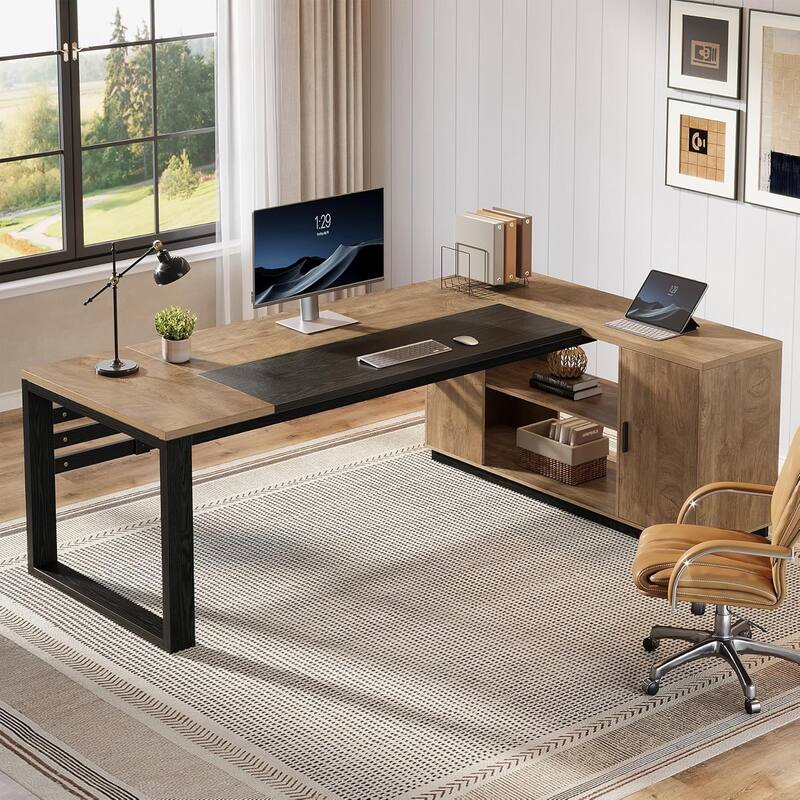 78" L Shaped Executive Desk, Modern Wood Office Desk with Cabinet Storage & Shelves