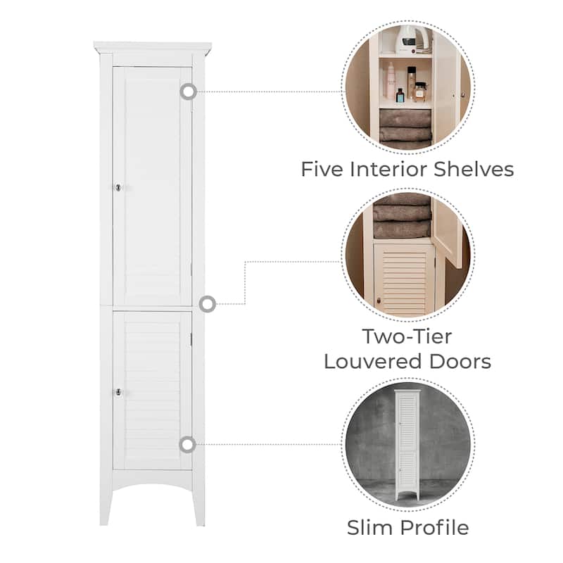 Teamson Home 62.99 in. H White Bathroom Linen Tower Cabinet with 2 Shutter Doors, Freestanding Storage Organizer