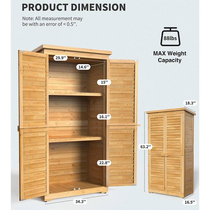 Outdoor Storage Cabinet with 3 Shelves, Outside Vertical Tall Tool Shed Double Lockable Wooden Garden Shed with Waterproof Roof