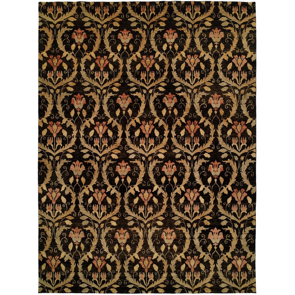 Transitional Black Hand-Knotted Wool Area Rug