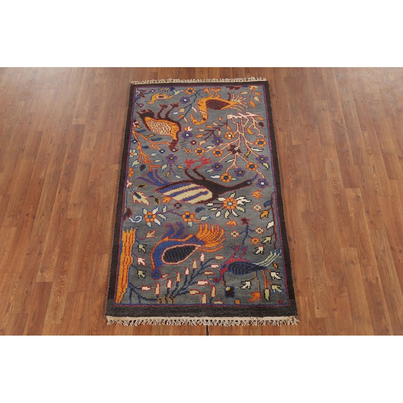 Animals Design Gray Ziegler Indian Accent Rug Hand-Knotted Wool Carpet - 2'11"x 4'11"