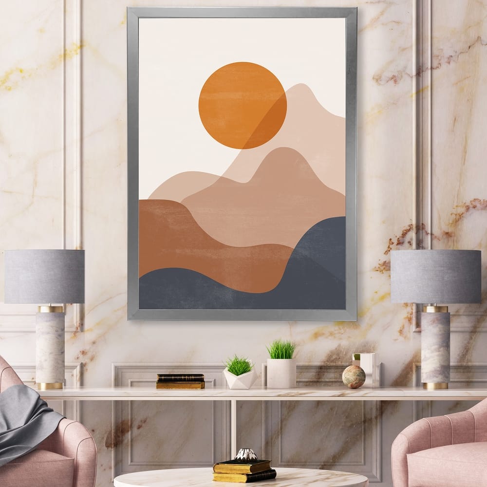 Designart "Abstract Red Moon In Earth Toned Mountains II" Modern Framed Art Print