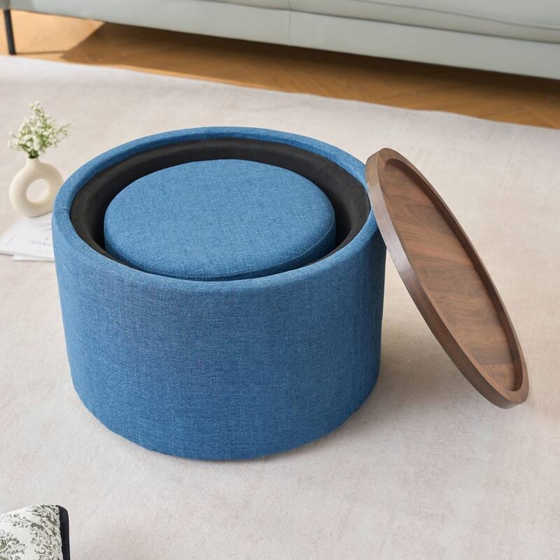 22.75" Linen Upholstered Round Nesting Storage Ottoman