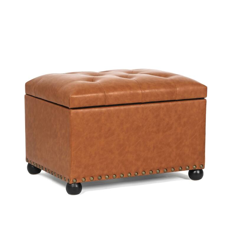 Adeco Tufted Bottom Bonded Leahter Brown Rectangle Storage Ottoman