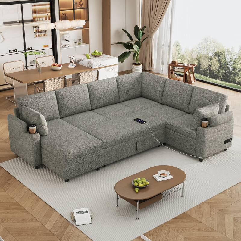 Roomfitters U-Shaped Sectional Sleeper Sofa with Storage, USB Ports and Cup Holders, Convertible Bed for Living Room - Light Grey
