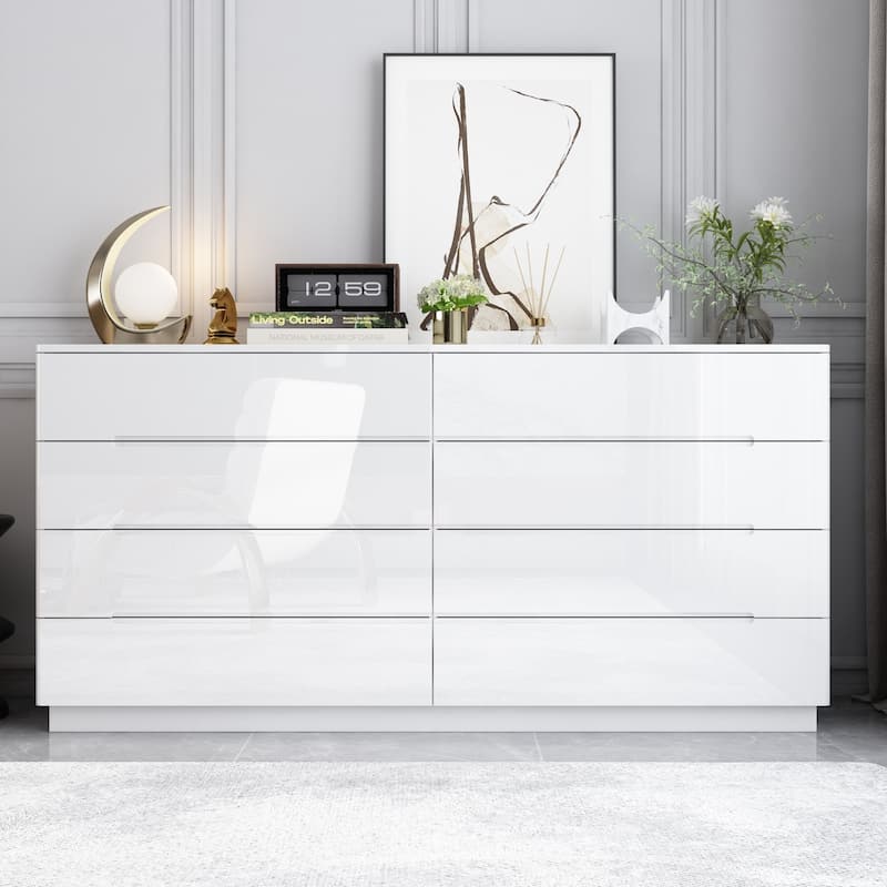 63" High Gloss Dresser With Light Chest w/8 Drawers&Spacious Tabletop
