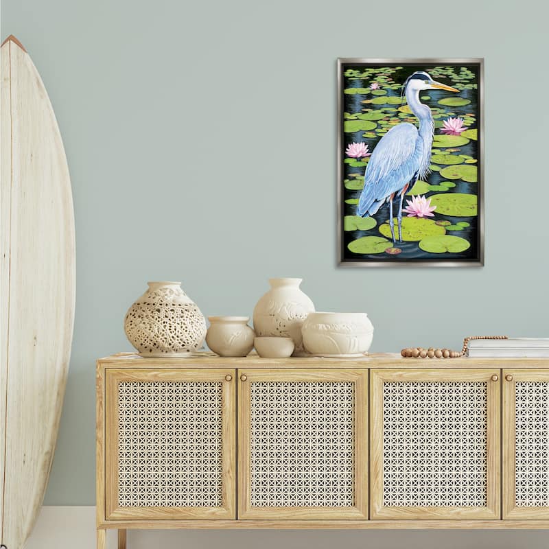 Stupell Heron Among Pond Lilies Framed Floater Canvas Wall Art Design By Rosiland Solomon