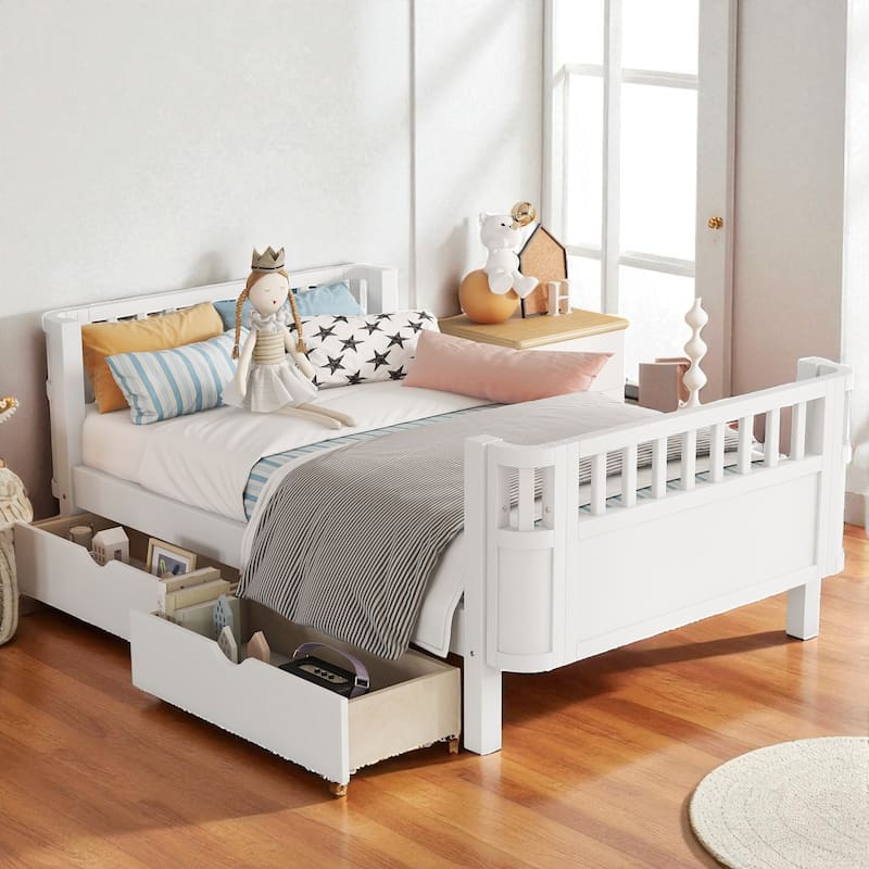 Twin/Full Size Wooden Platform Bed with Safety Rails and 2 Storage Drawers, Low Profile Kids Bed Frame - White - Twin