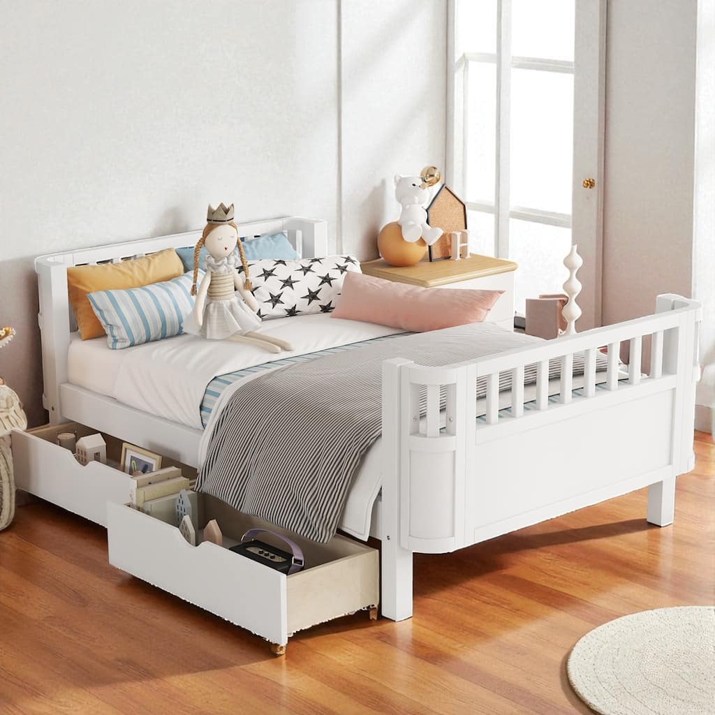Twin/Full Size Wooden Platform Bed with Safety Rails and 2 Storage Drawers, Low Profile Kids Bed Frame