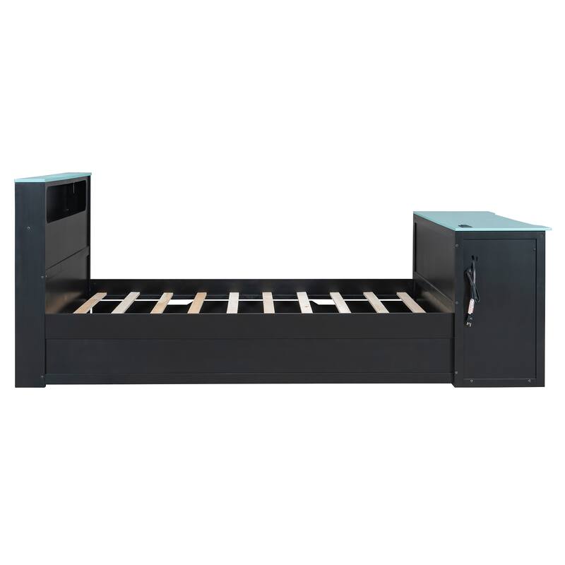 Wood Daybed with Trundle & Built-in Desk, LED Lights & USB Charging Port, Available in Full or Twin