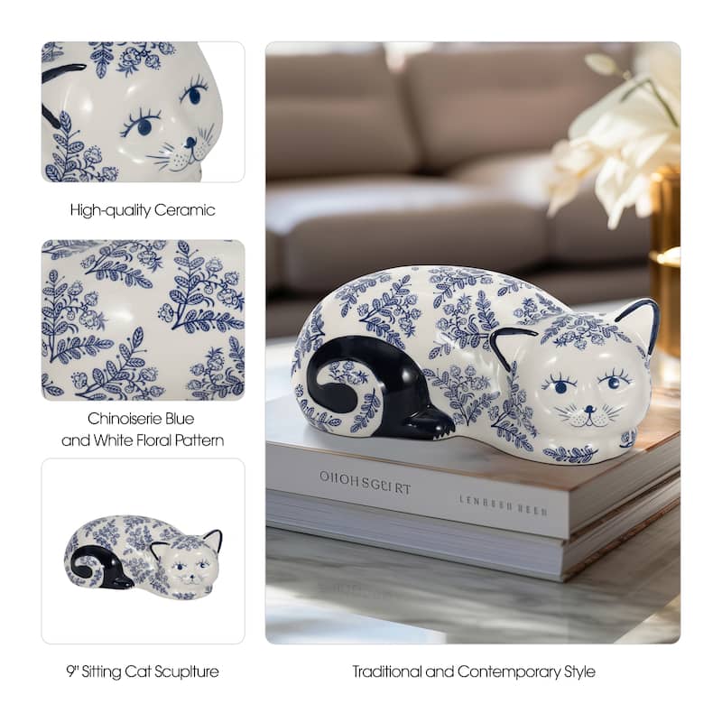 Ceramic Cat Sculpture Contemporary Vintage Style Chinoiserie Blue and White Floral Cat Statue Cat Lover